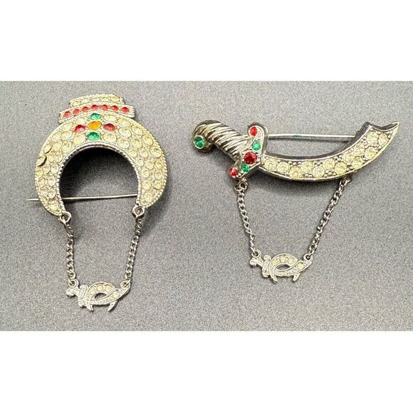Masonic Shriners Crescent Moon & Scimitar Brooches Set of 2 Vintage - Picture 2 of 6